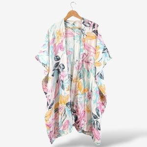 C&C California Linen Kimono One Size White Pink Blue Floral Tropical Print